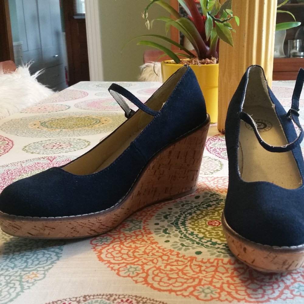 New, Never Worn Navy Suede and Cork Wedges